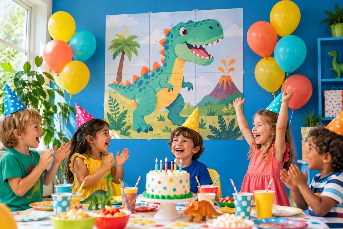 Colourful dinosaur poster behind a children’s birthday party