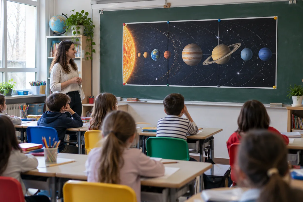 Solar system teaching poster on a classroom blackboard