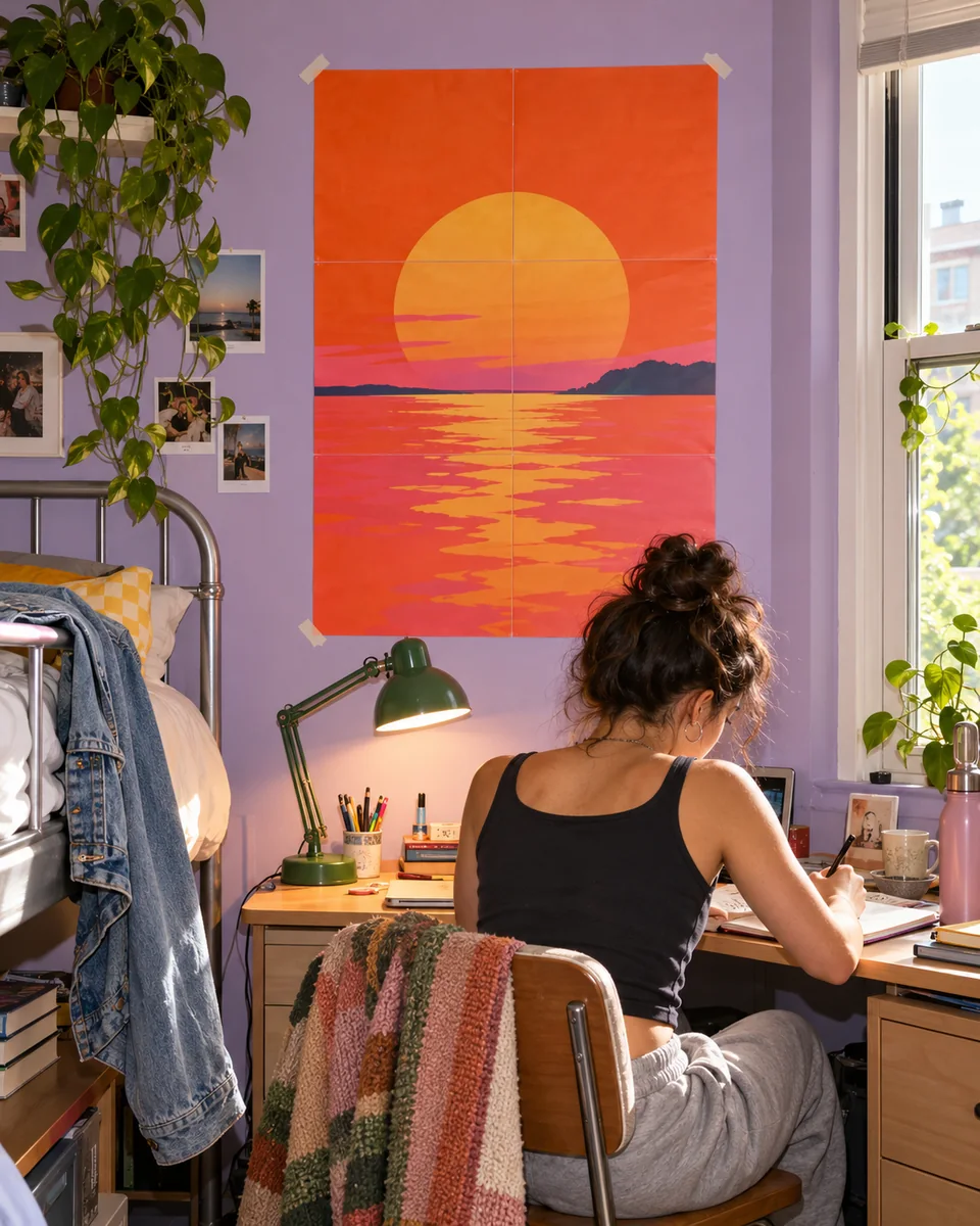 Orange and pink sunset poster above a dorm room desk