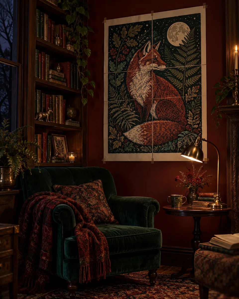 Woodland animal poster on the wall of a vintage reading nook
