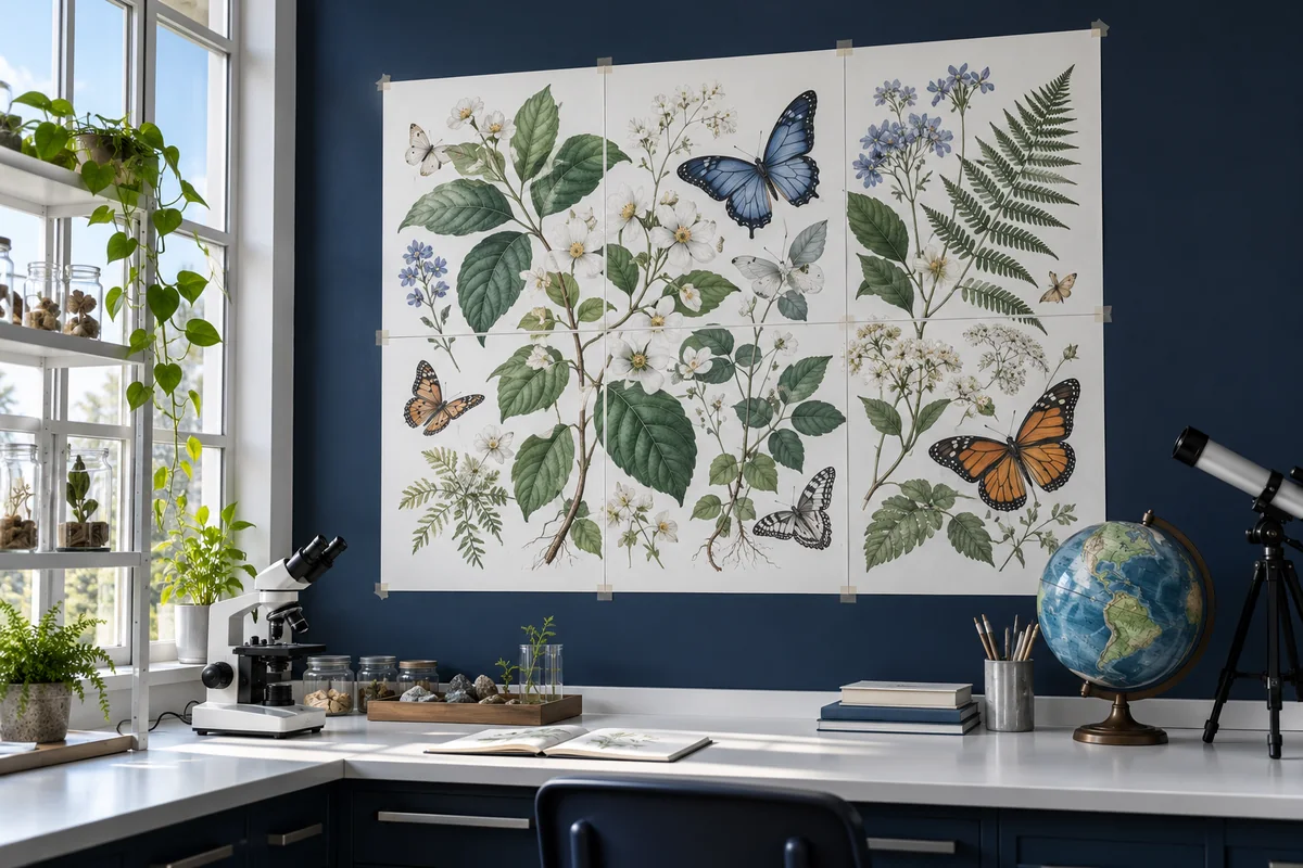 Botanical and butterfly poster in a nature study corner