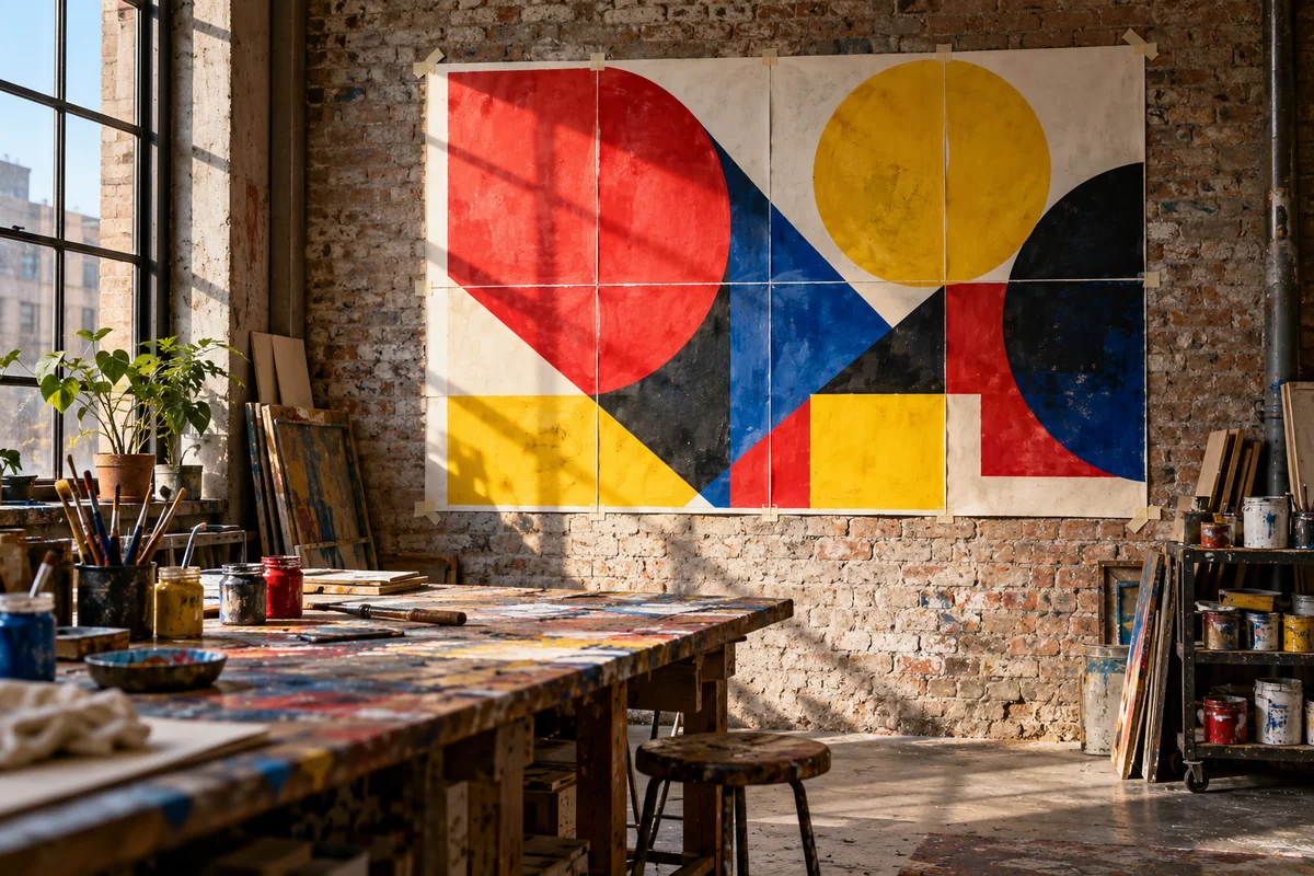 Red, yellow and blue geometric poster on an art studio brick wall