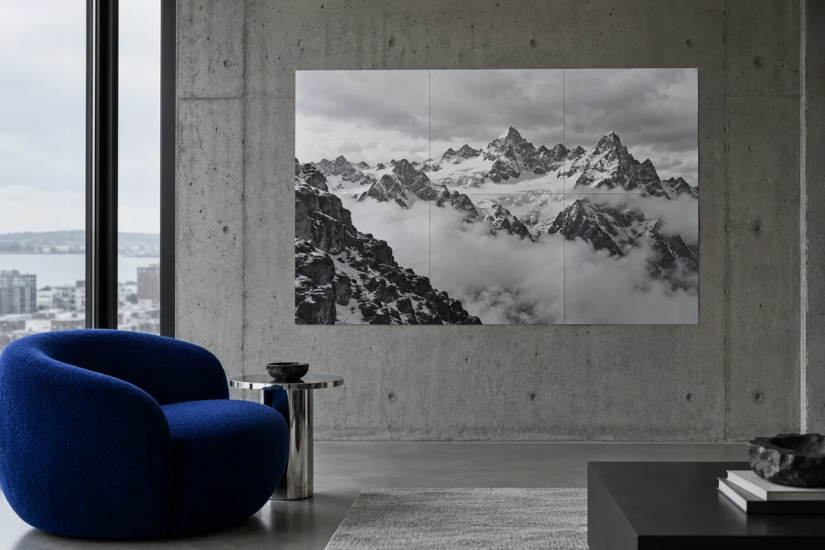 Black-and-white mountain poster in a modern living room