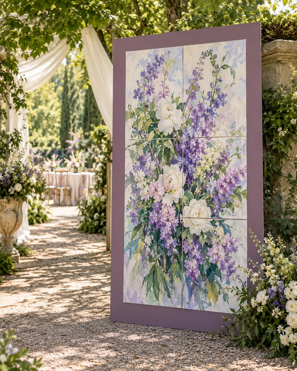 Floral poster displayed at an outdoor wedding
