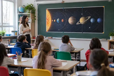 Póster educativo del sistema solar en la pizarra de un aula
