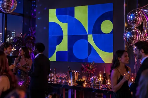 Póster geométrico azul y verde en la pared de una fiesta nocturna