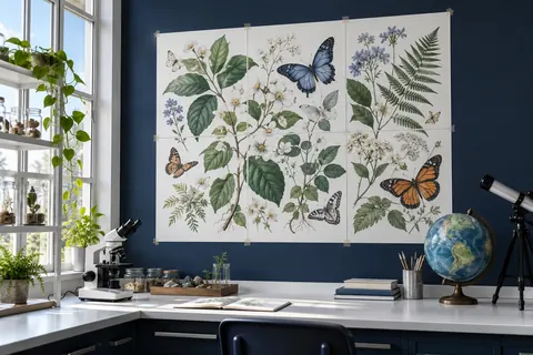 Póster de plantas y mariposas en un rincón de ciencias naturales