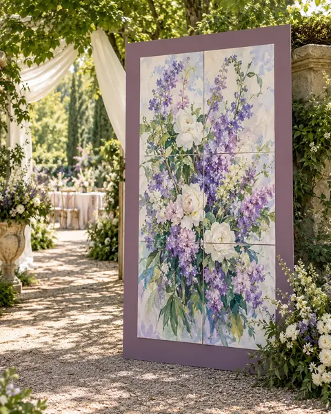 Póster floral expuesto en una boda al aire libre